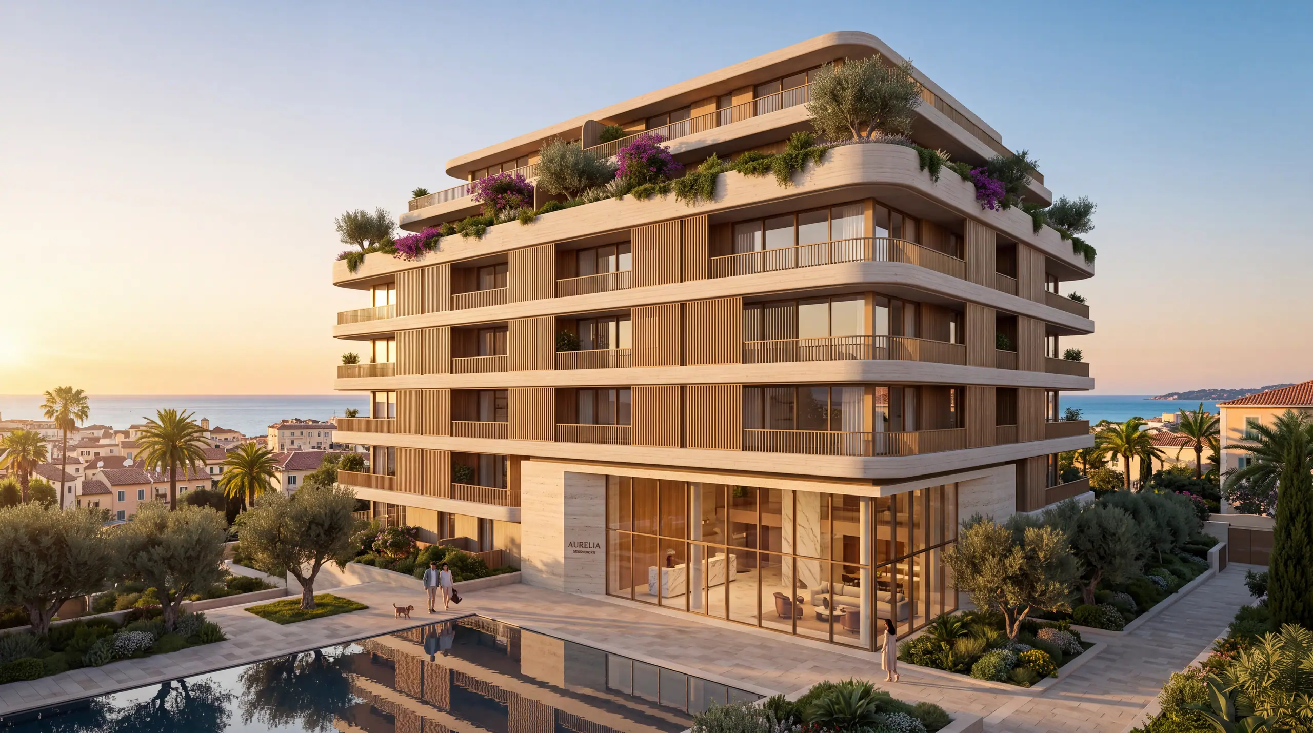 Seven-storey residential building with planted terraces and timber screens at golden hour, a reflecting pool in front and the sea beyond