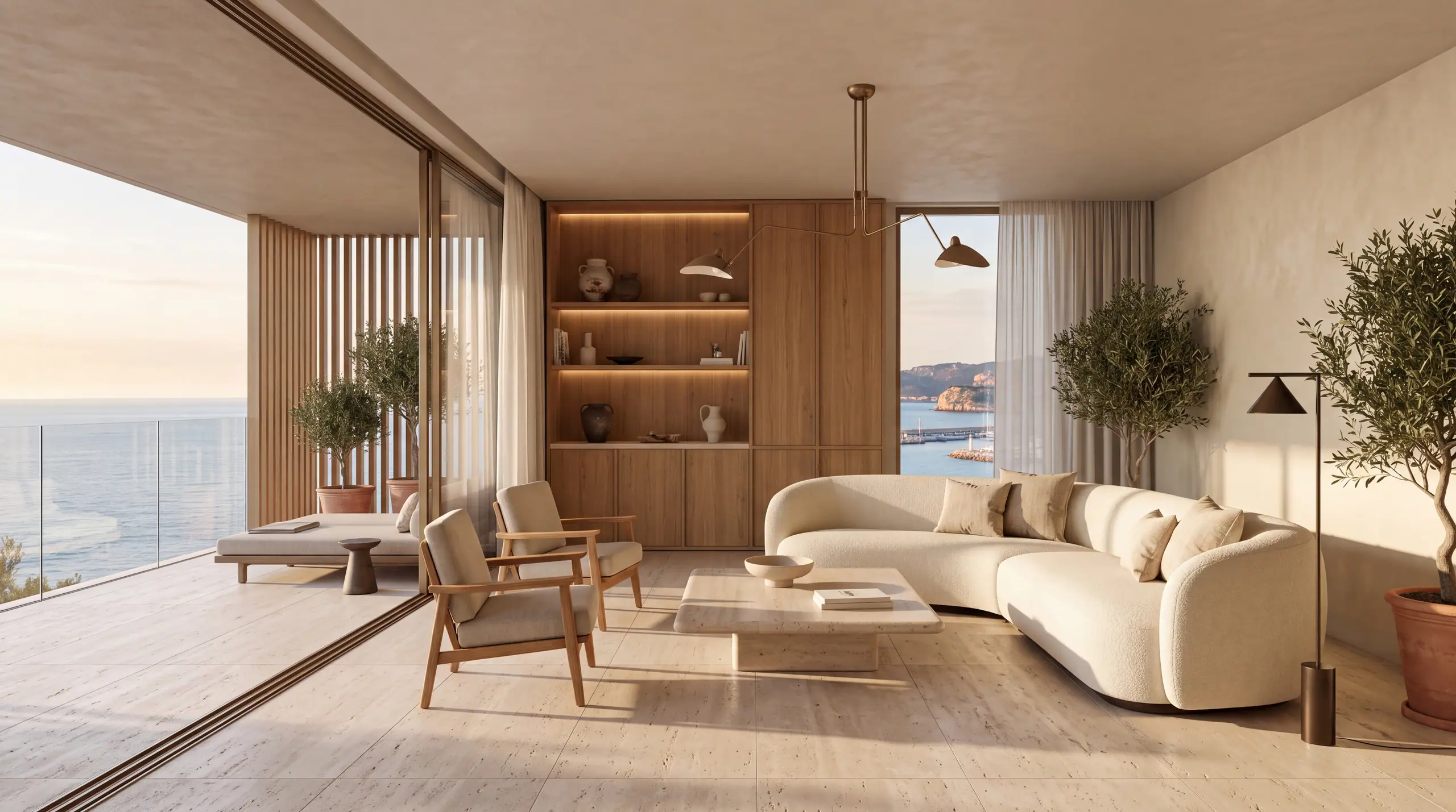 Bright living room with a curved sofa, travertine floor and built-in oak shelving, opening onto a terrace with sea views
