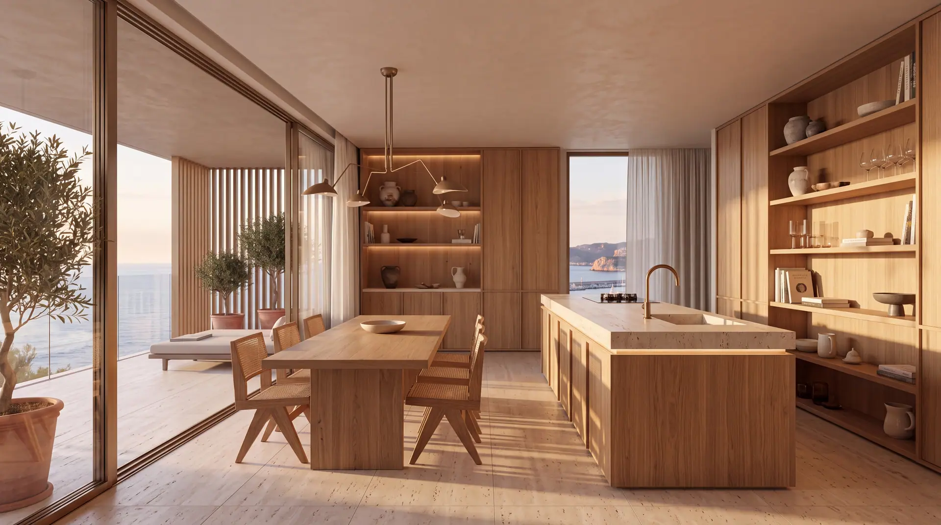 Open-plan kitchen with an oak island and a long dining table beside floor-to-ceiling windows facing the sea