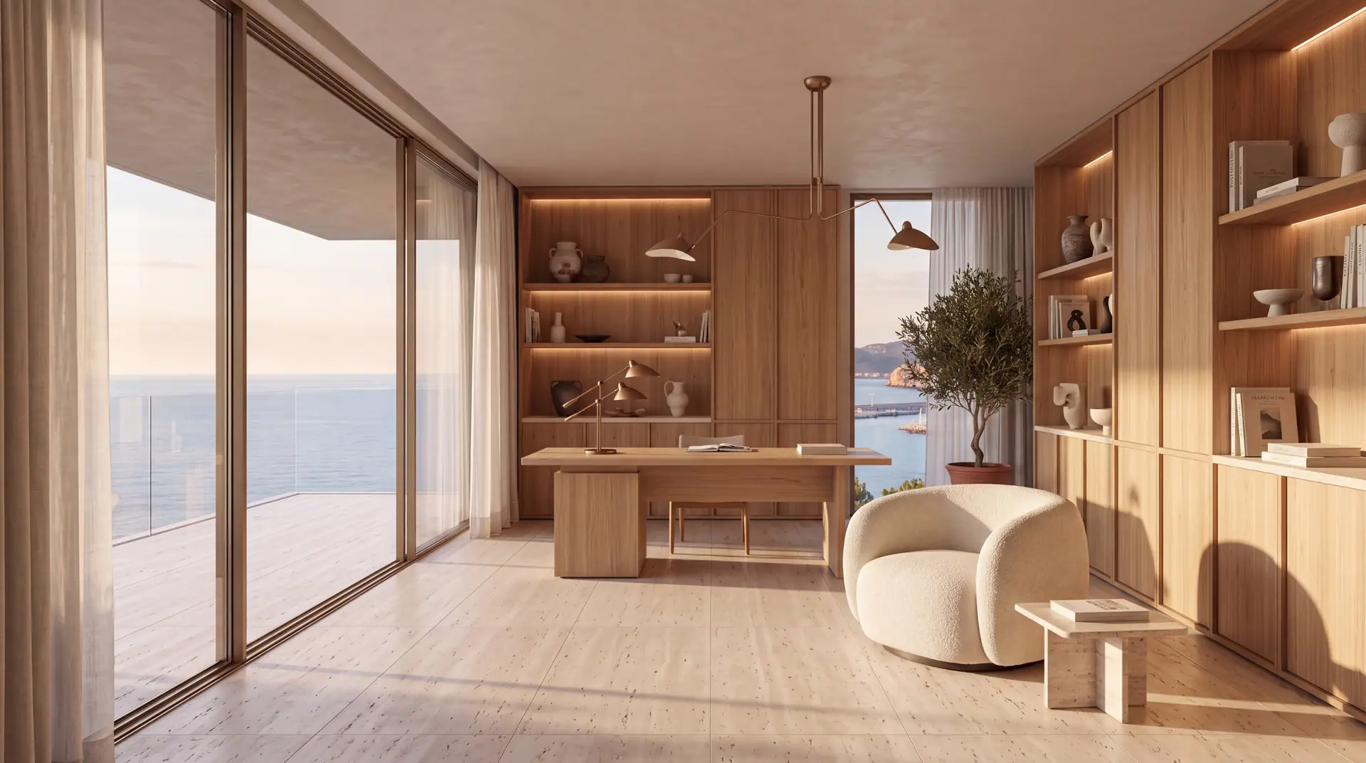 Home study with an oak desk, a cream armchair and shelving, beside tall windows facing the sea