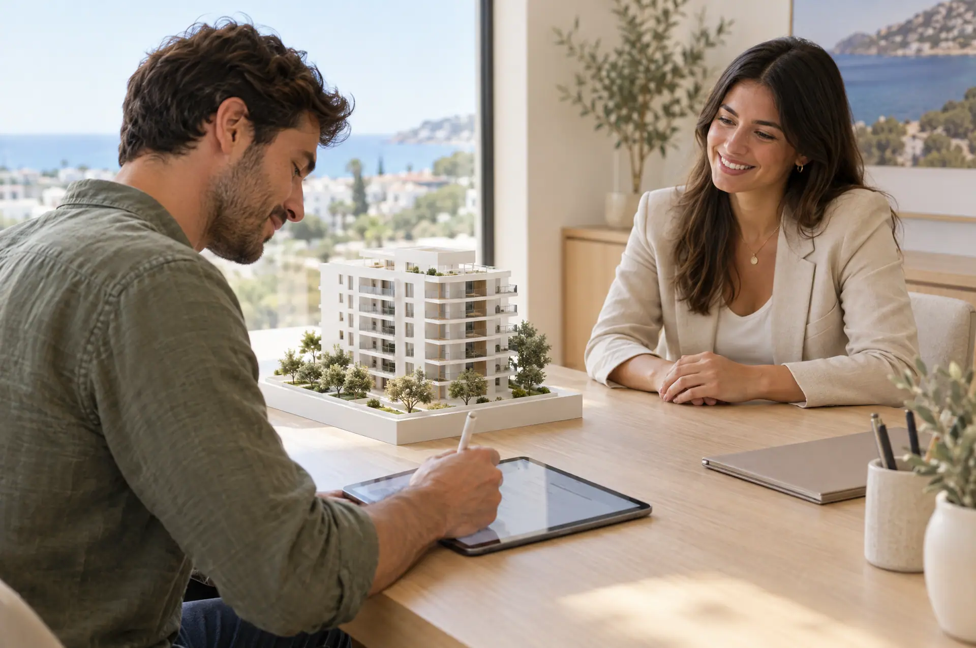 A buyer signs a reservation on a tablet at a sales desk, with an architectural model on the desk and a smiling advisor beside them
