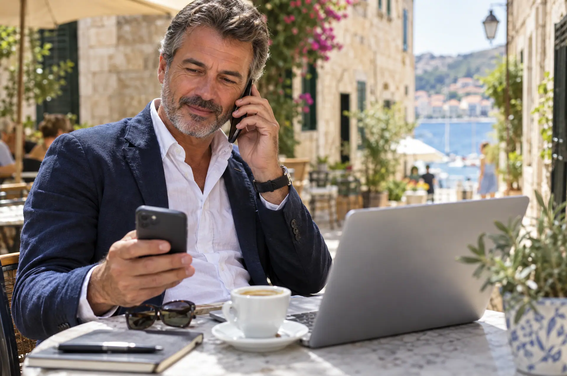 A sales agent at a café table talking on the phone, with a laptop open in front of them