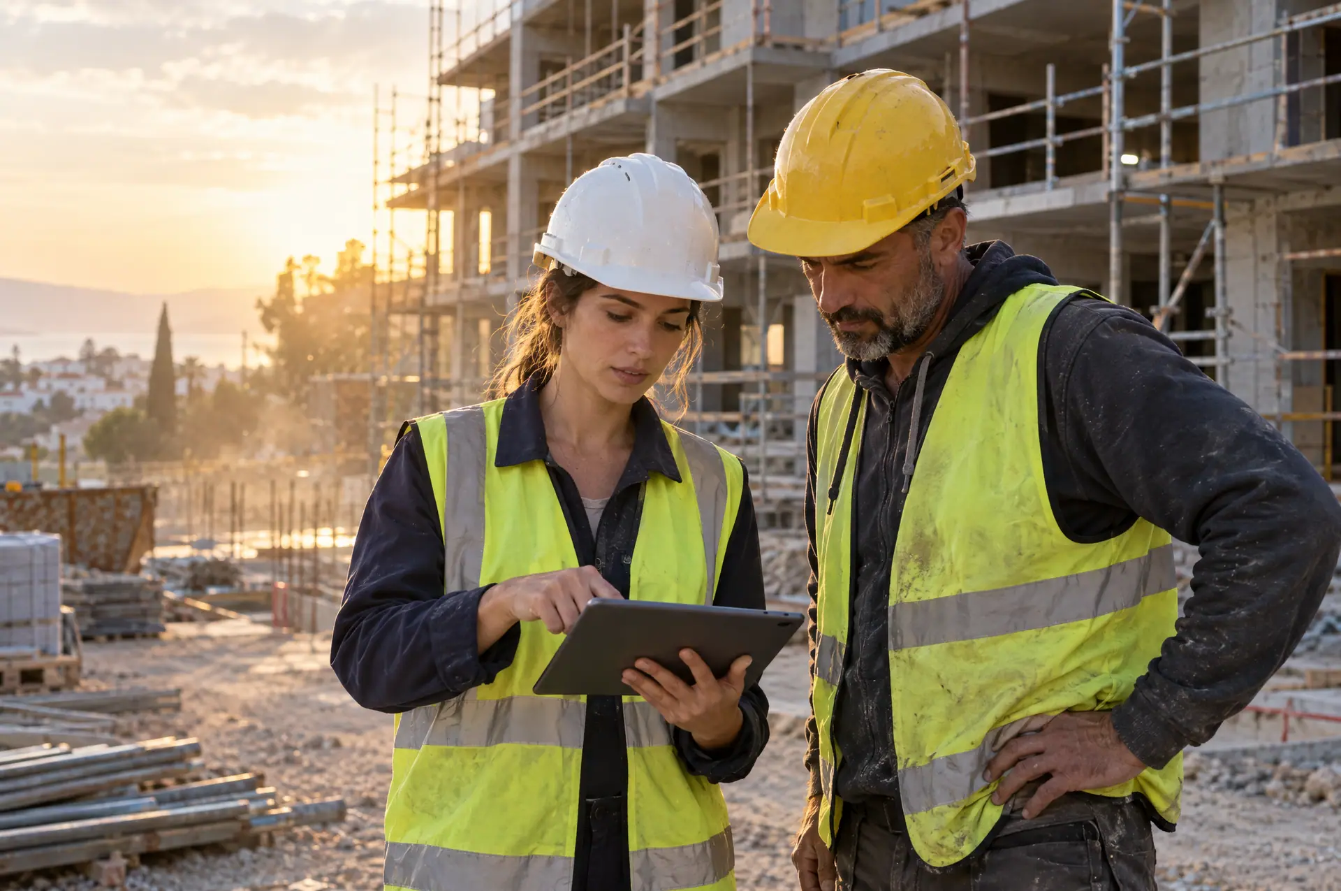 A female site engineer and a foreman looking at a tablet on a construction site in golden evening light