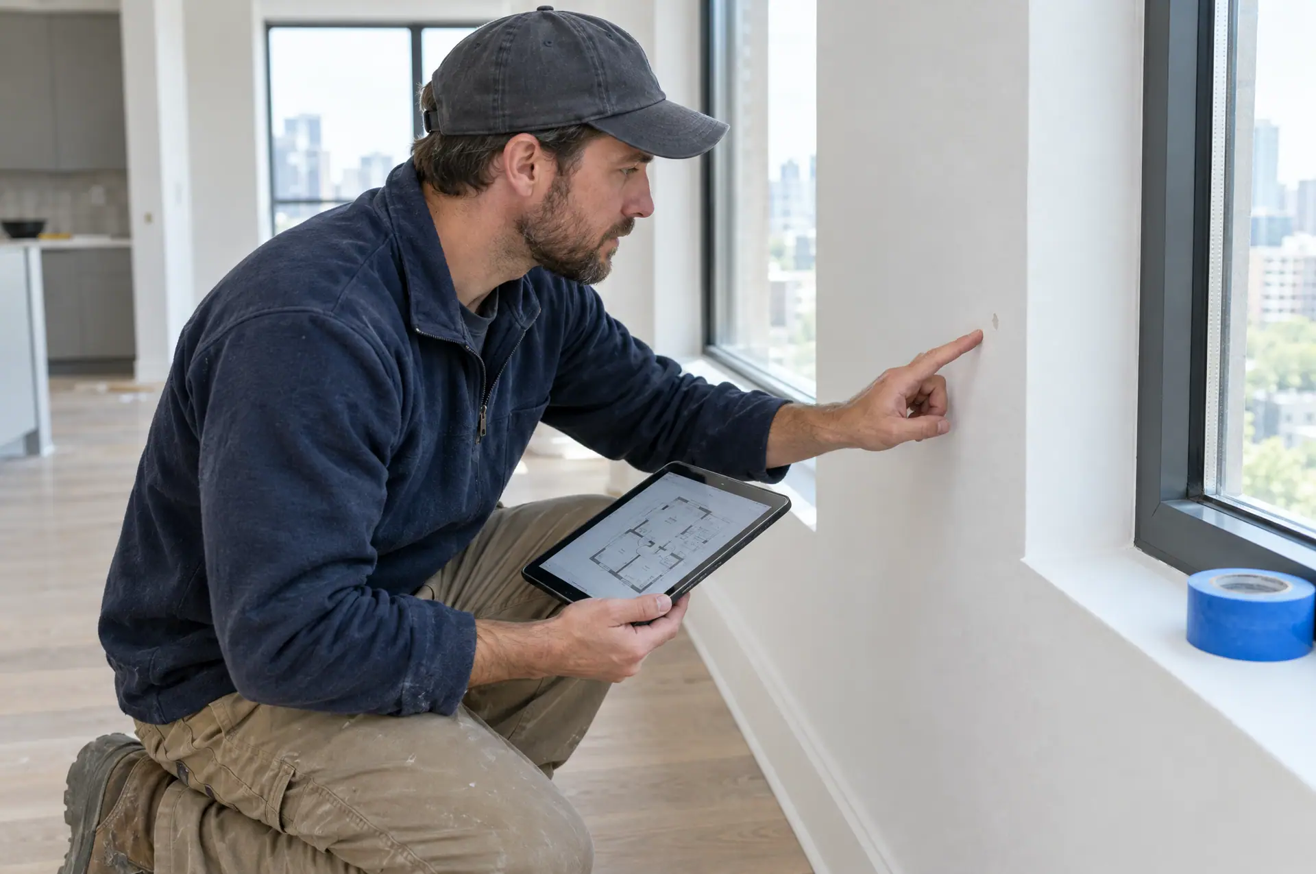 A contractor marks a defect on a wall while holding a tablet that shows the floor plan