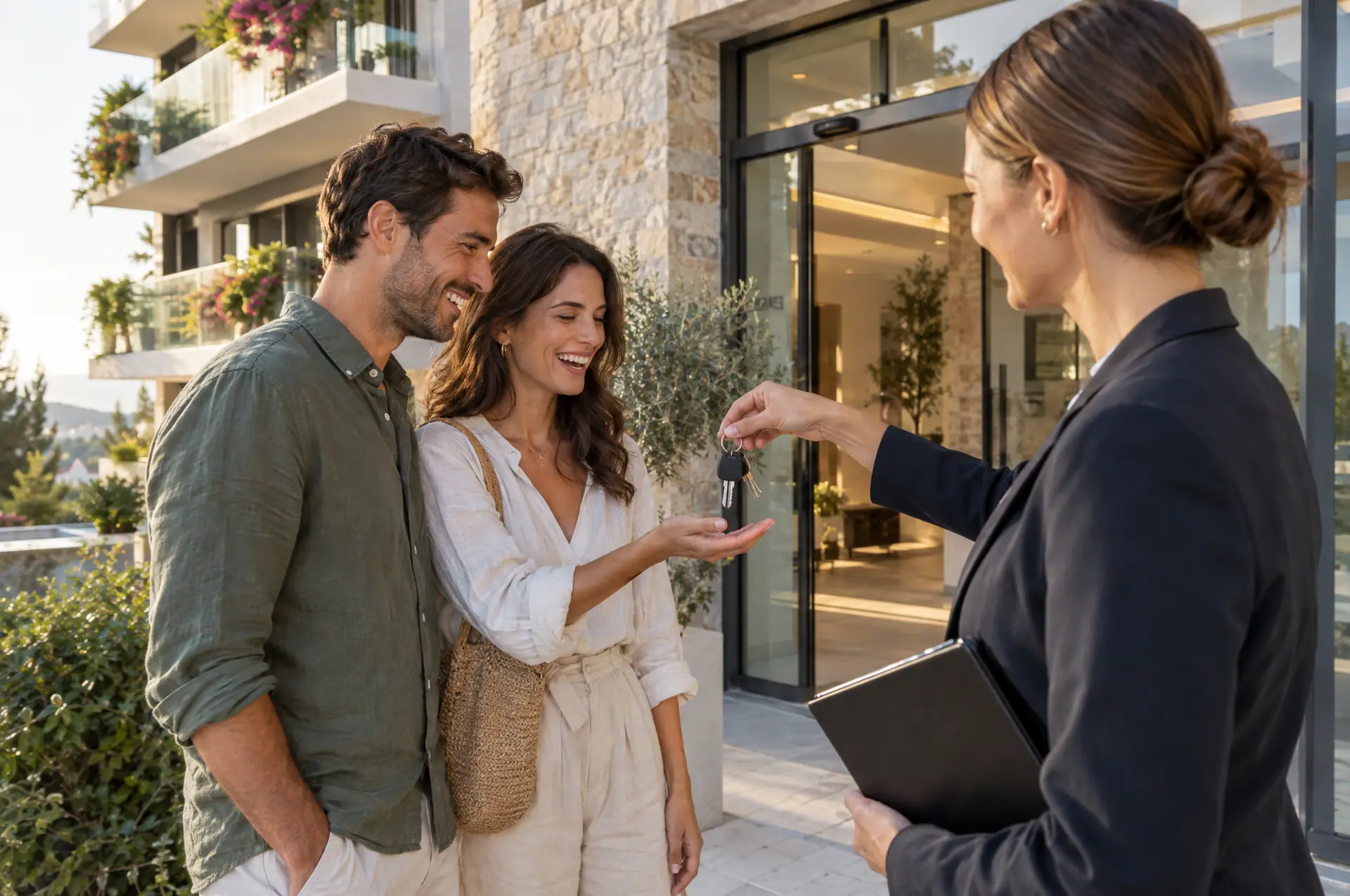 A couple receives the keys to their new home at the entrance of the building
