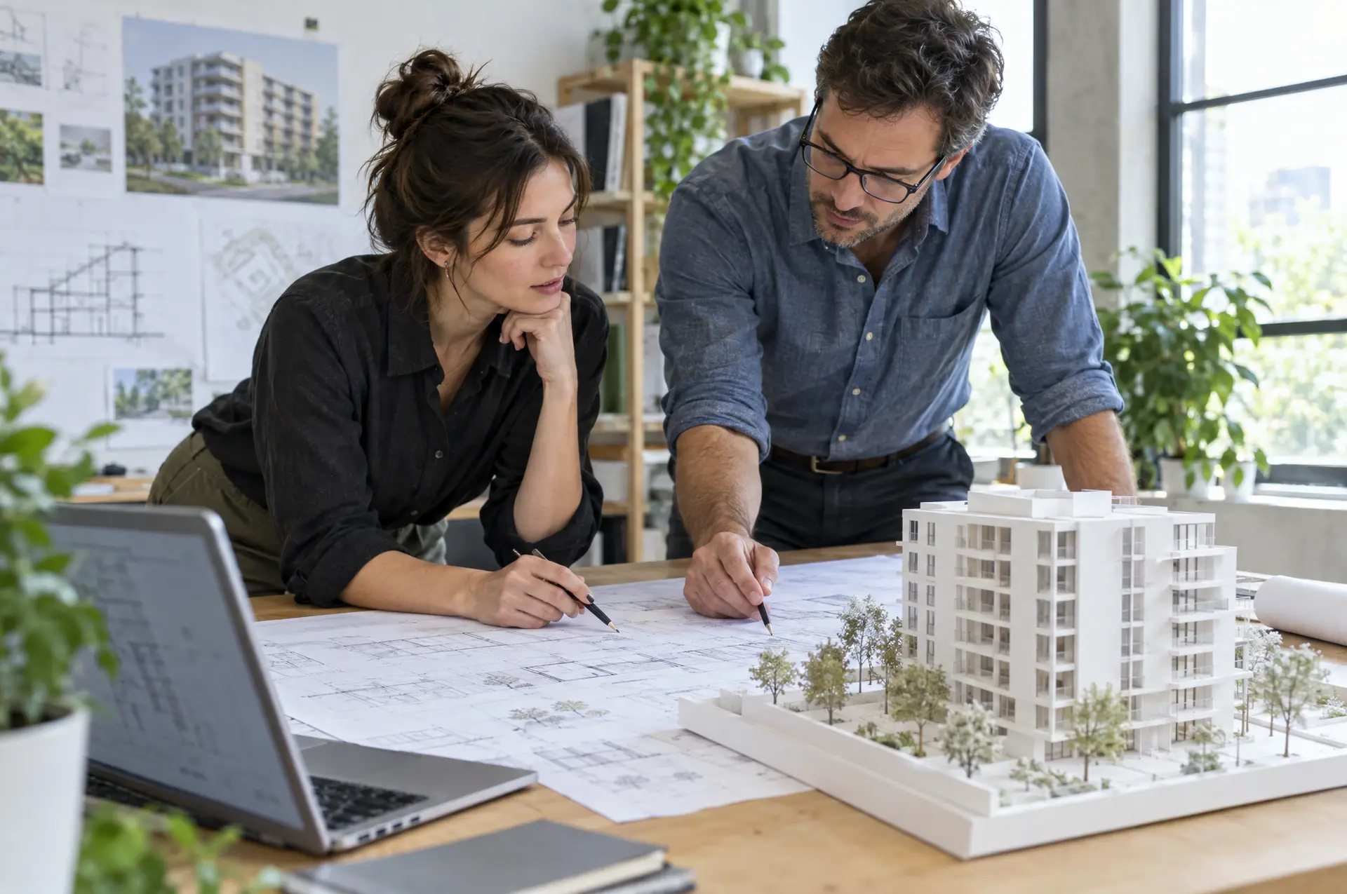 An architect and an engineer in a studio going over drawings next to a building model