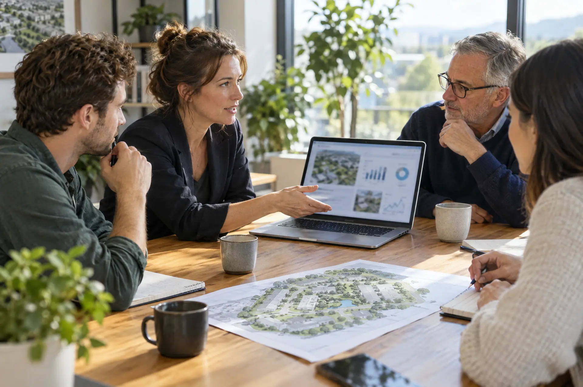 A development team gathered around a laptop that shows charts
