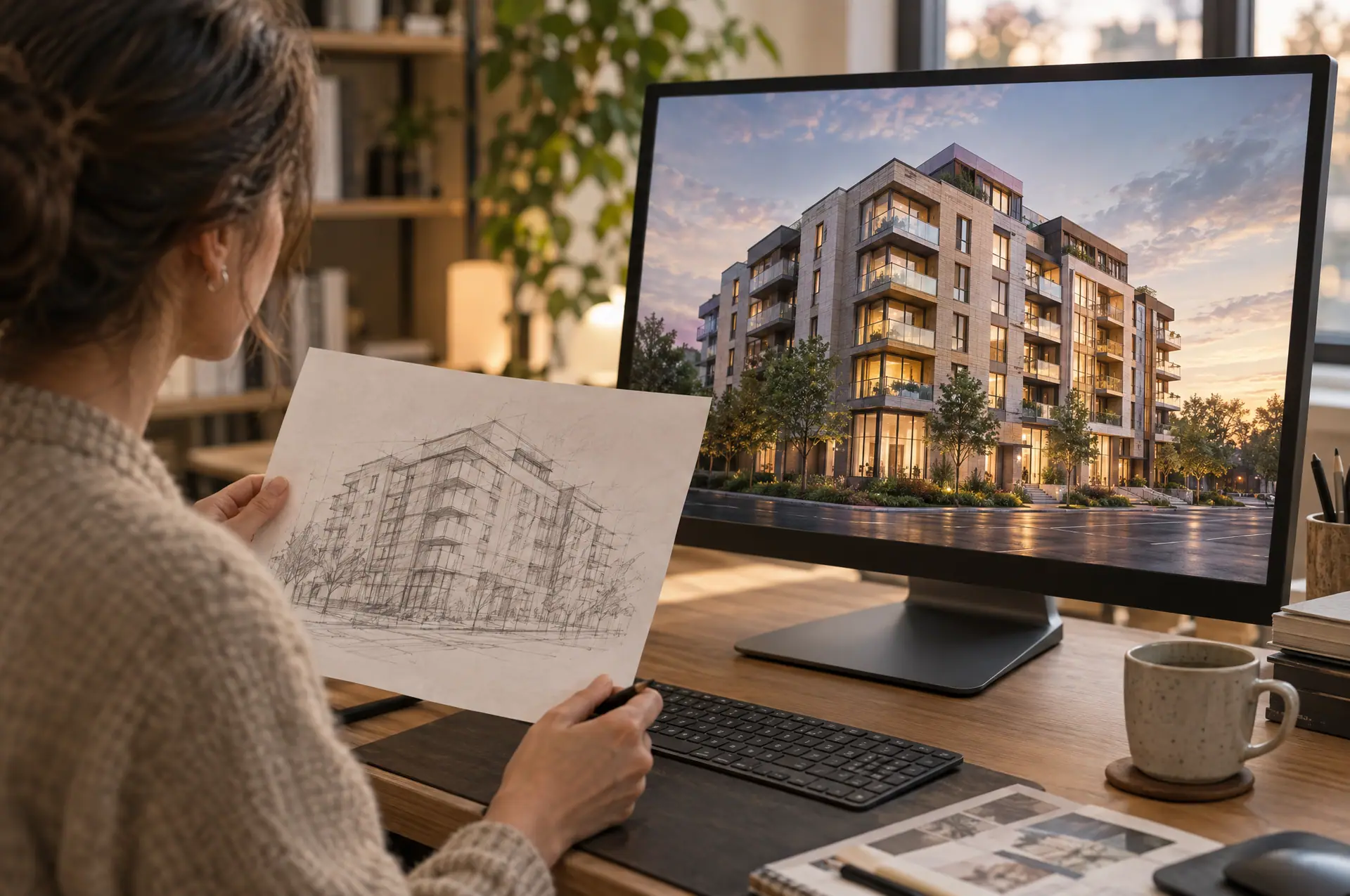 A designer comparing a pencil sketch with a finished render of the same building on a monitor