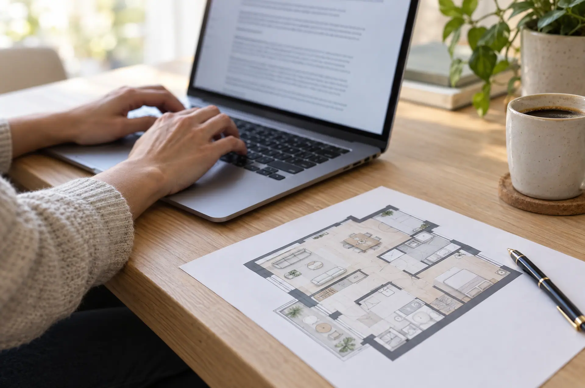Hands typing on a laptop beside a printed floor plan