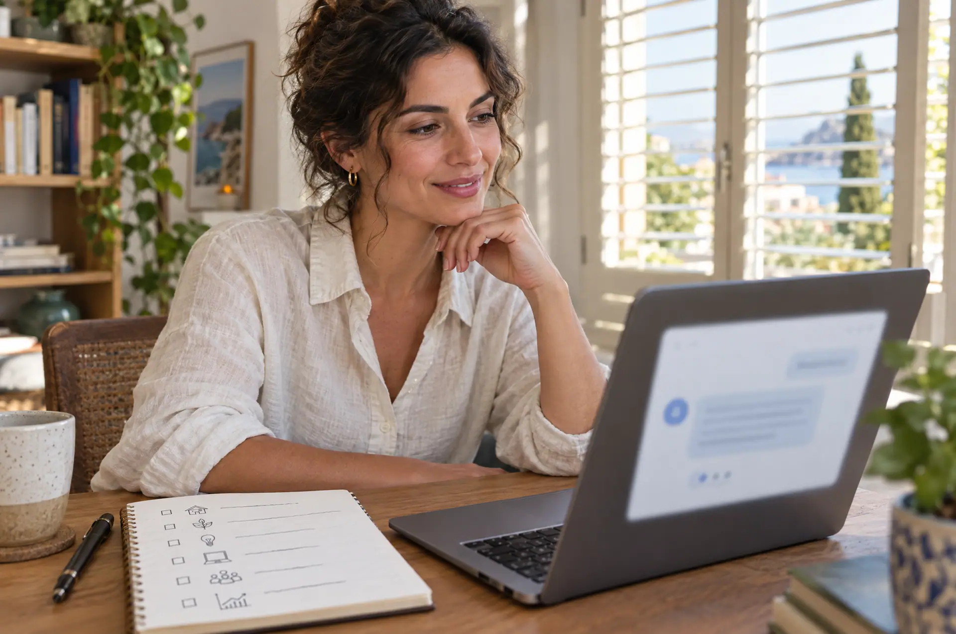 A woman at a laptop with a chat window open, and a notebook with a list beside her
