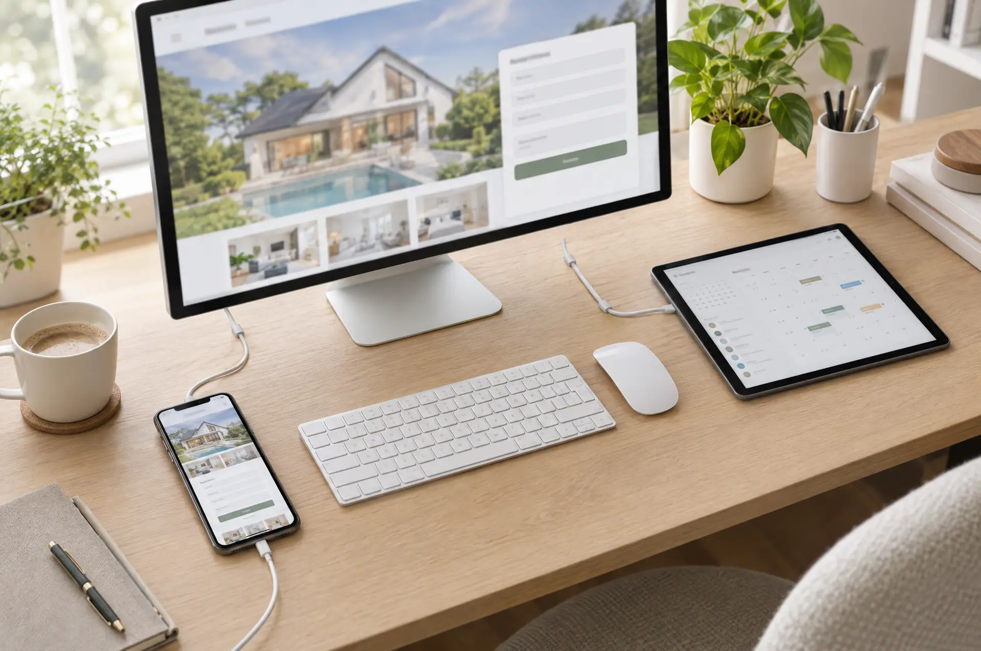 A desk with a monitor showing a property website, and a phone and a tablet beside it