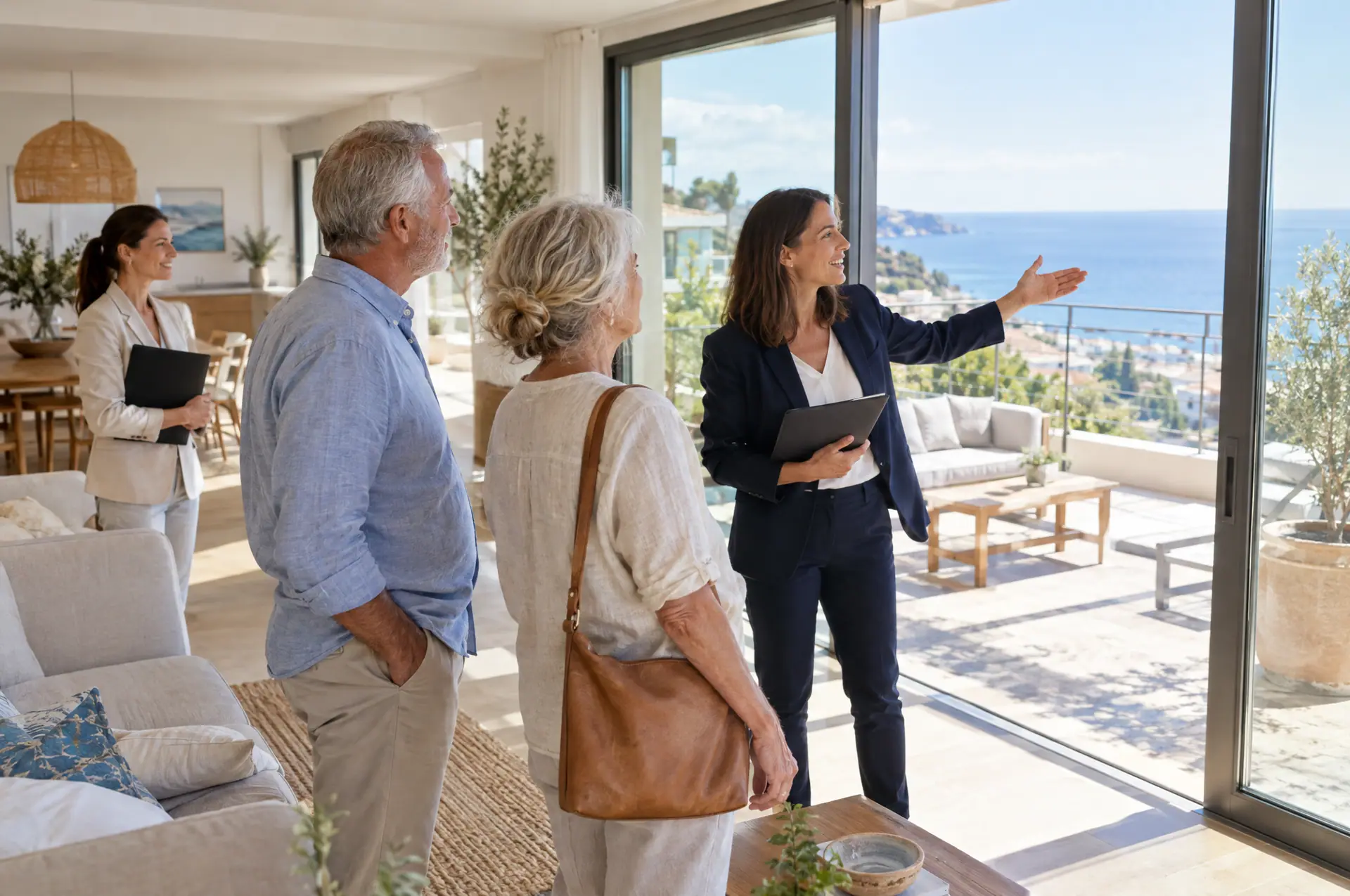 Two agents show an older couple an apartment with a terrace